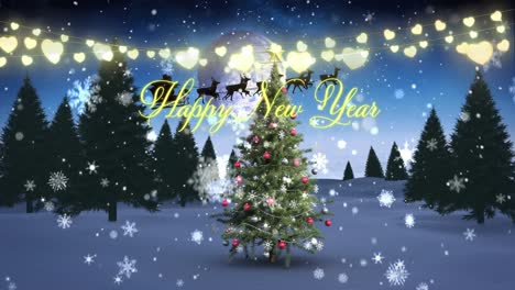 Animation-of-happy-new-year-text,-fairy-lights-and-snow-over-christmas-tree-on-winter-landscape