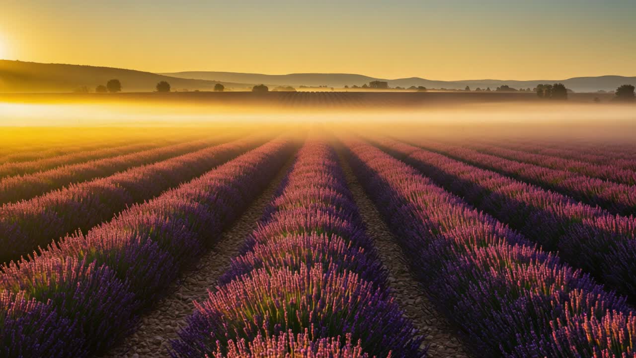 A Breathtaking Sunrise Over a Lavender Field: Captivating Views of Rows of Purple Blooms Bathed in Soft Morning Light and Mist, Symbolizing Nature's Tranquility