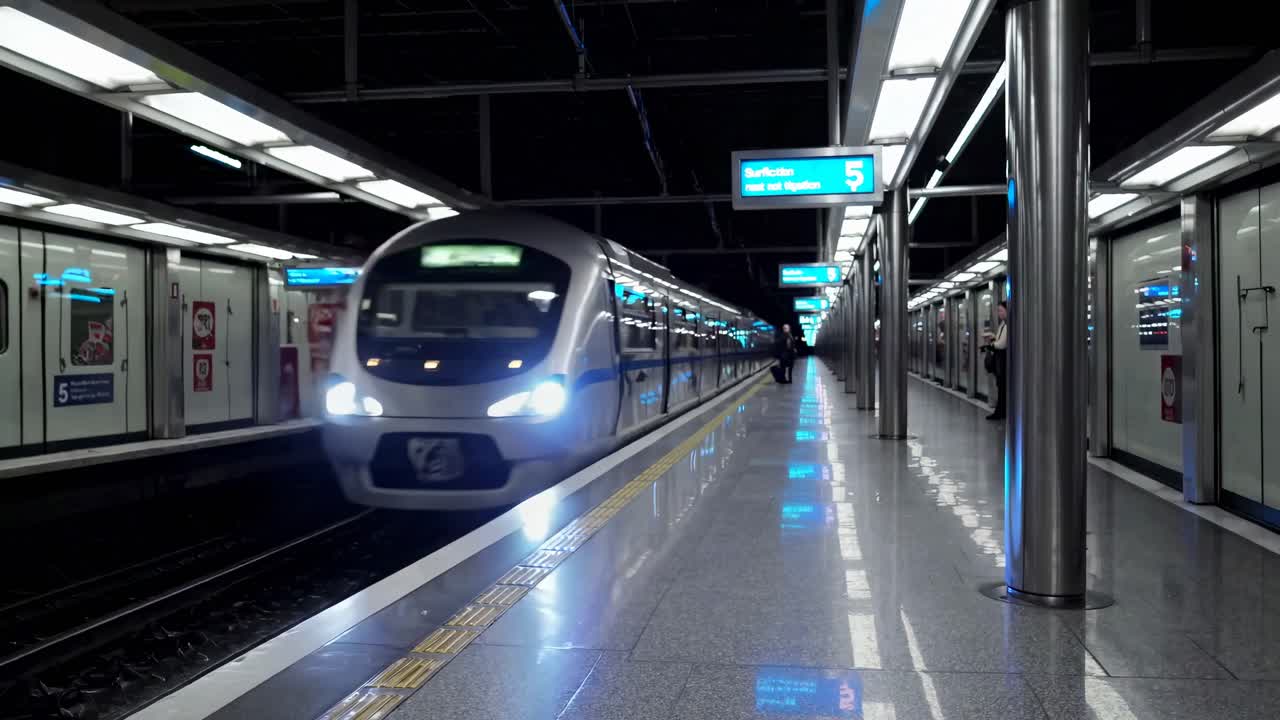 Dynamisk videostilbillede af et strømlinet, moderne tog i bevægelse på en station