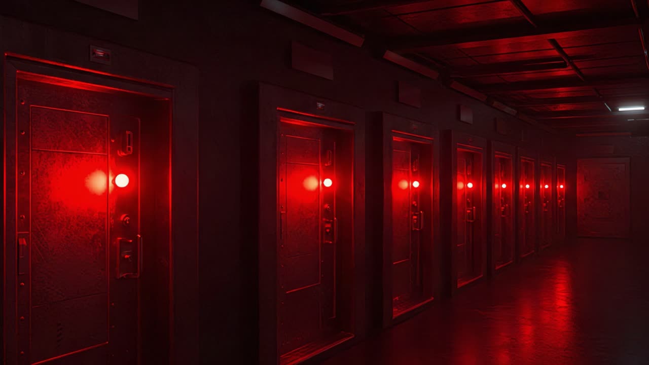 A Dark Corridor of Mysterious Doors Illuminated by Red Lights, Evoking a Sense of Suspense and Foreboding in a Sci-Fi Environment