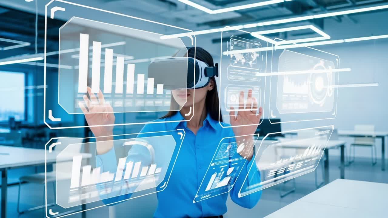 Immersive Virtual Reality Experience: A User Interacts with Advanced Data Visualization Interfaces in a Modern Workspace Environment
