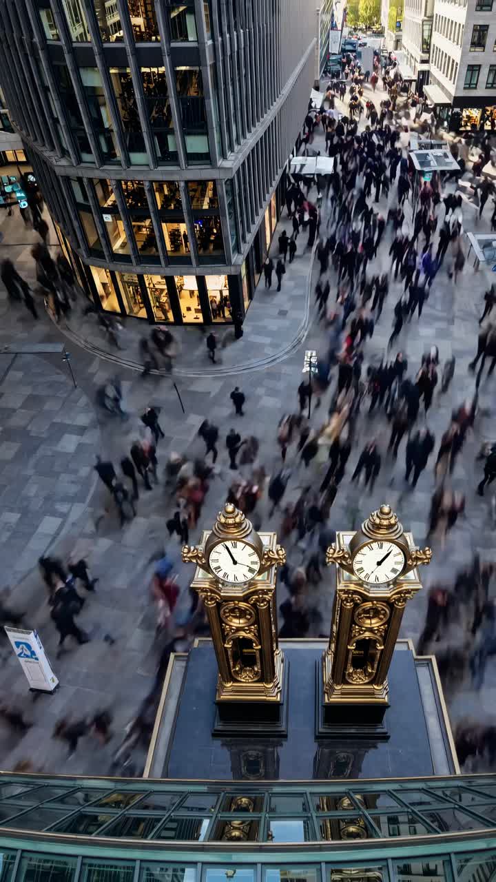 Vista aerea di una vivace strada cittadina con due orologi gemelli, che cattura la vita urbana in un dinamico stile video