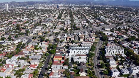 mid city, central los angeles neighborhood, revealing drone shot of streets and buildings