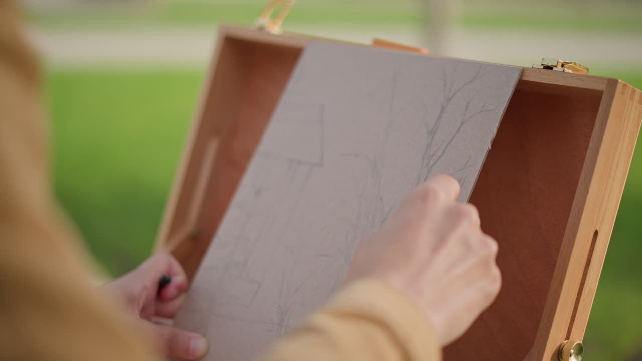 Udendørs hænder skitserer gadekunstscene med pochadeboks i træ og tekstureret papir, nærbillede af blyantstreger, grøn parkbaggrund, blødt sollys og rolig atmosfære, kunstner i brun jakke komponerer