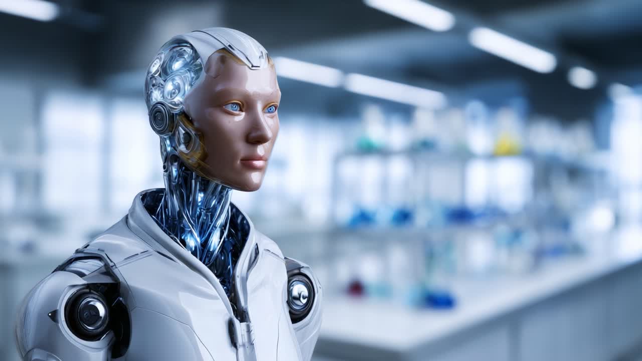 A futuristic humanoid robot with a sophisticated design stands in a high-tech laboratory environment, showcasing advanced technology and artificial intelligence capabilities