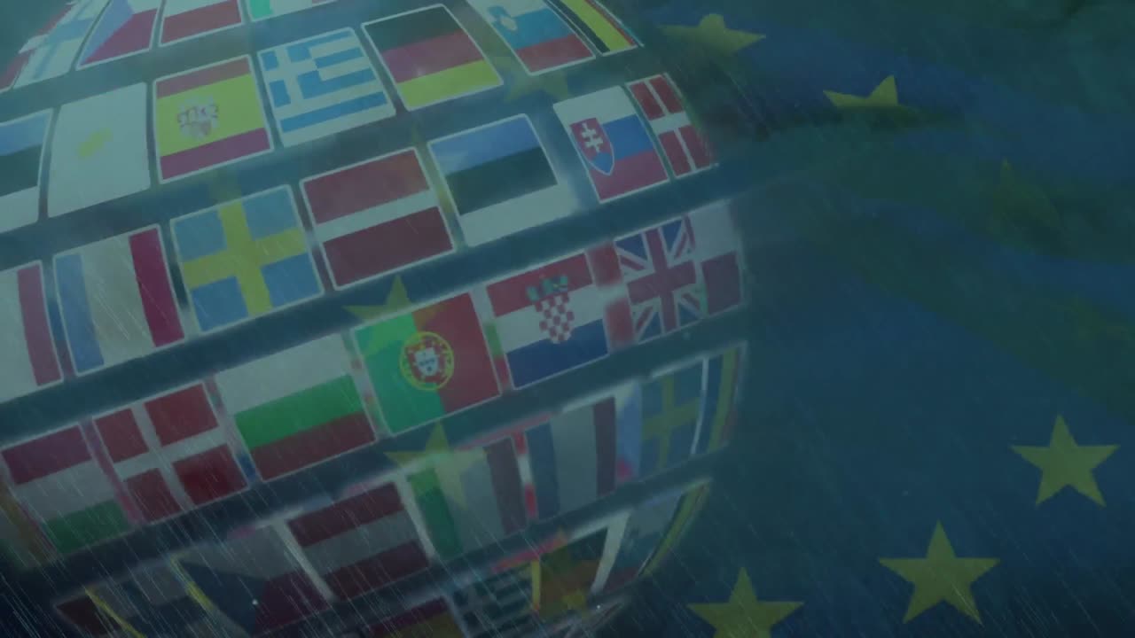 tormenta de truenos sobre el globo de varios países europeos banderas contra agitar la bandera de la ue