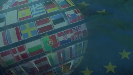 Thunder-storm-over-globe-of-multiple-european-countries-flags-against-waving-eu-flag