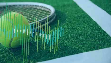 tennis racket and ball on grass court with data analysis animation