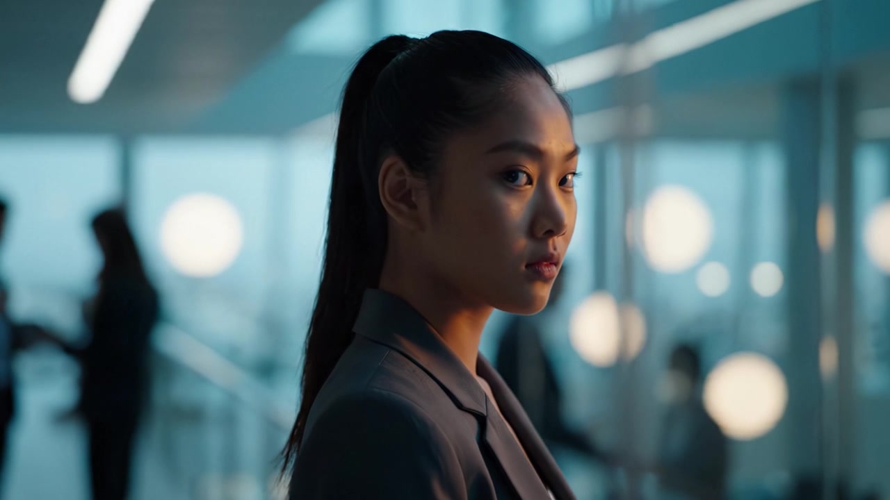 A Confident Businesswoman in a Modern Office Environment, Displaying Ambition and Focus as She Gazes Outward, Captured in a Series of Cinematic Frames