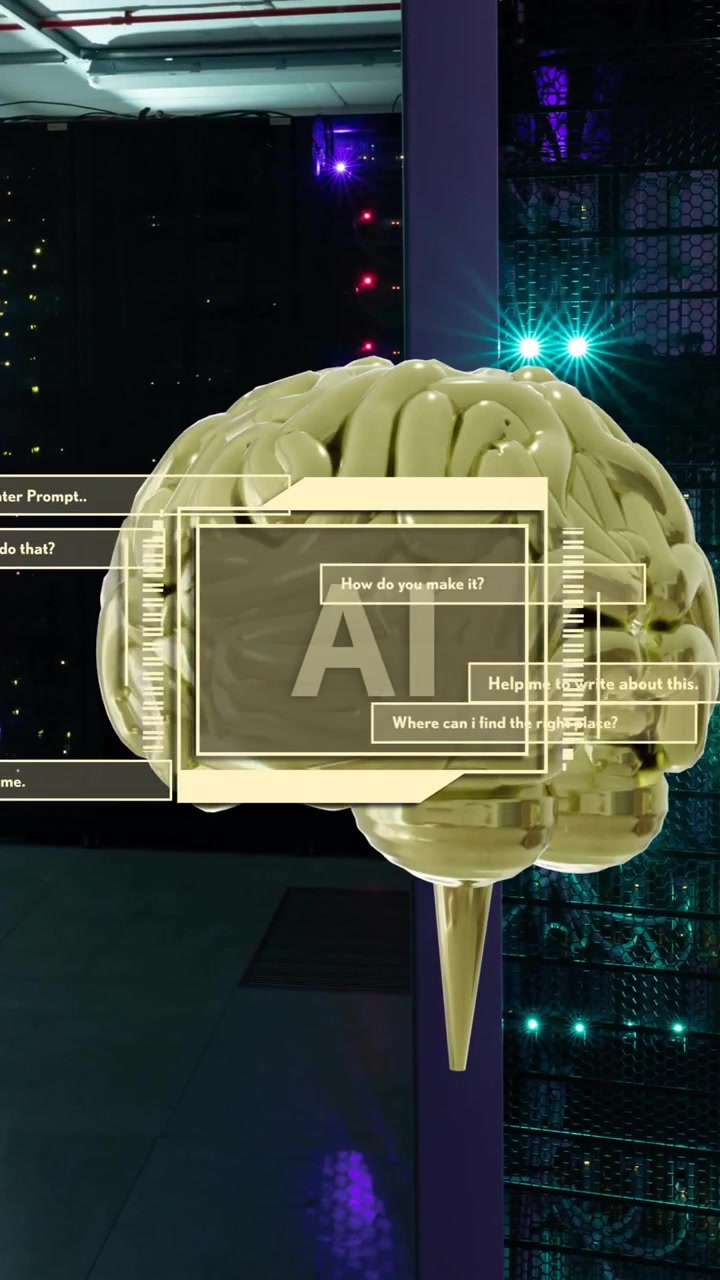 Animation of ai text, brain and data processing over computer servers