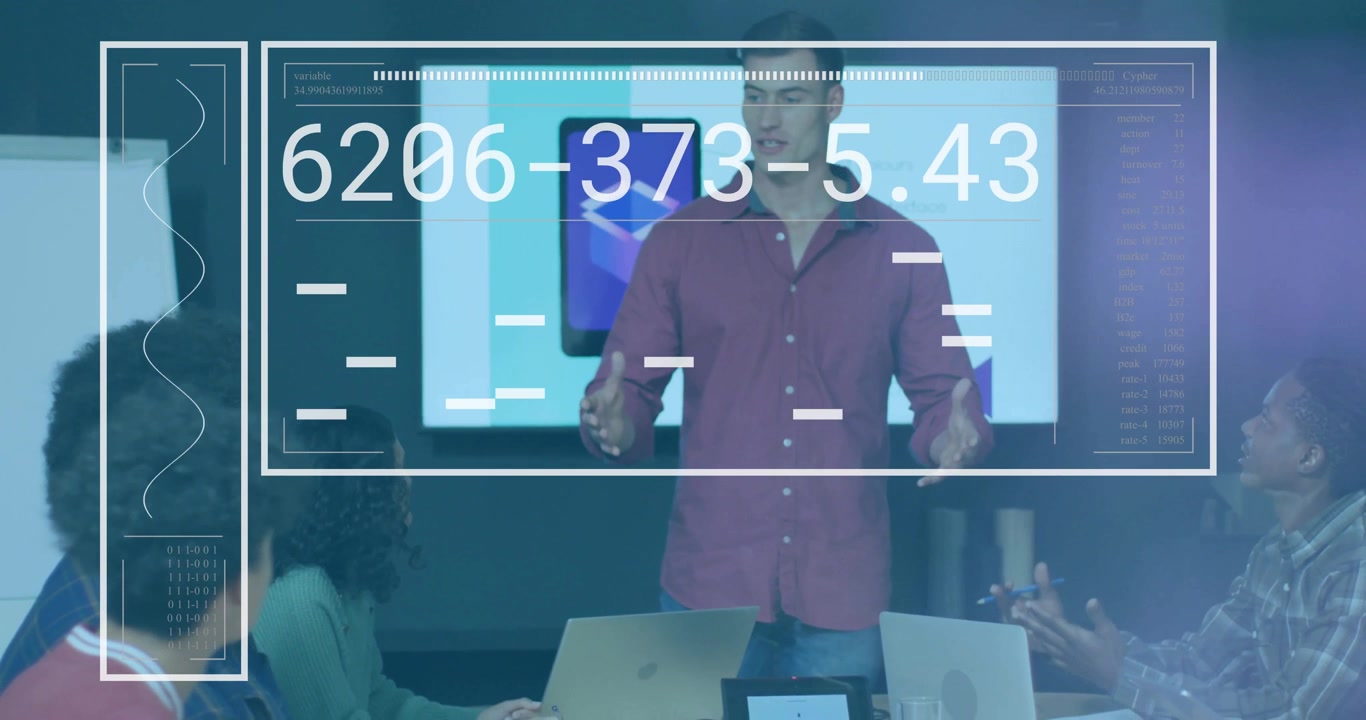 Leader gesturing at phone display in tech meeting, overlay appearing with codes and bars updating