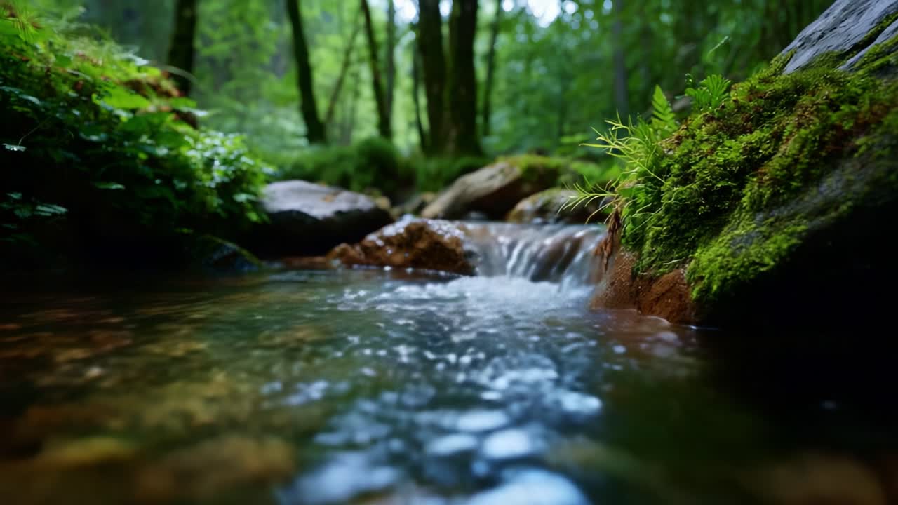 Rolig skovbæk, der flyder blidt gennem frodigt grønt med glimtende vandrefleksioner i et fredfyldt, naturligt miljø