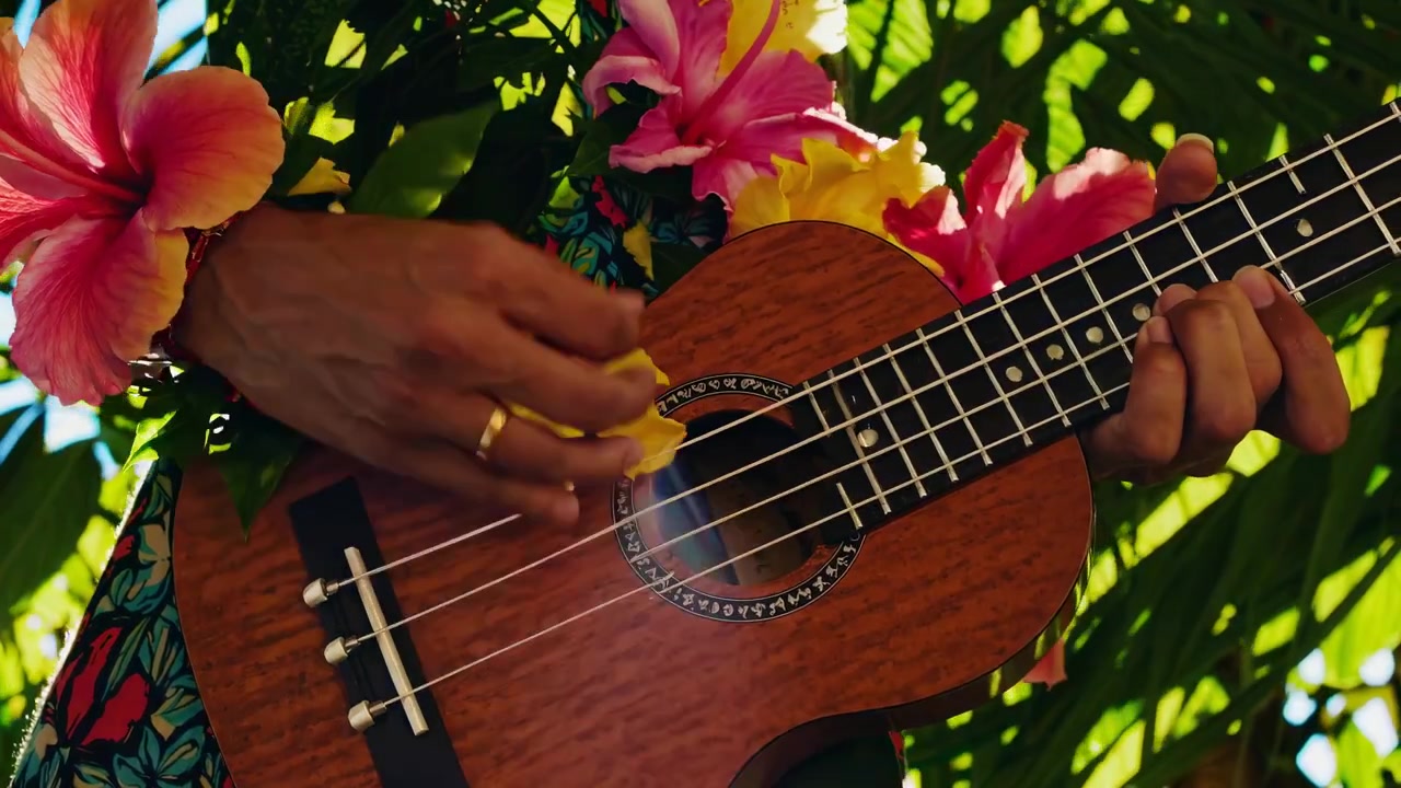 Persona che suona l'ukulele circondata da fiori di ibisco tropicali