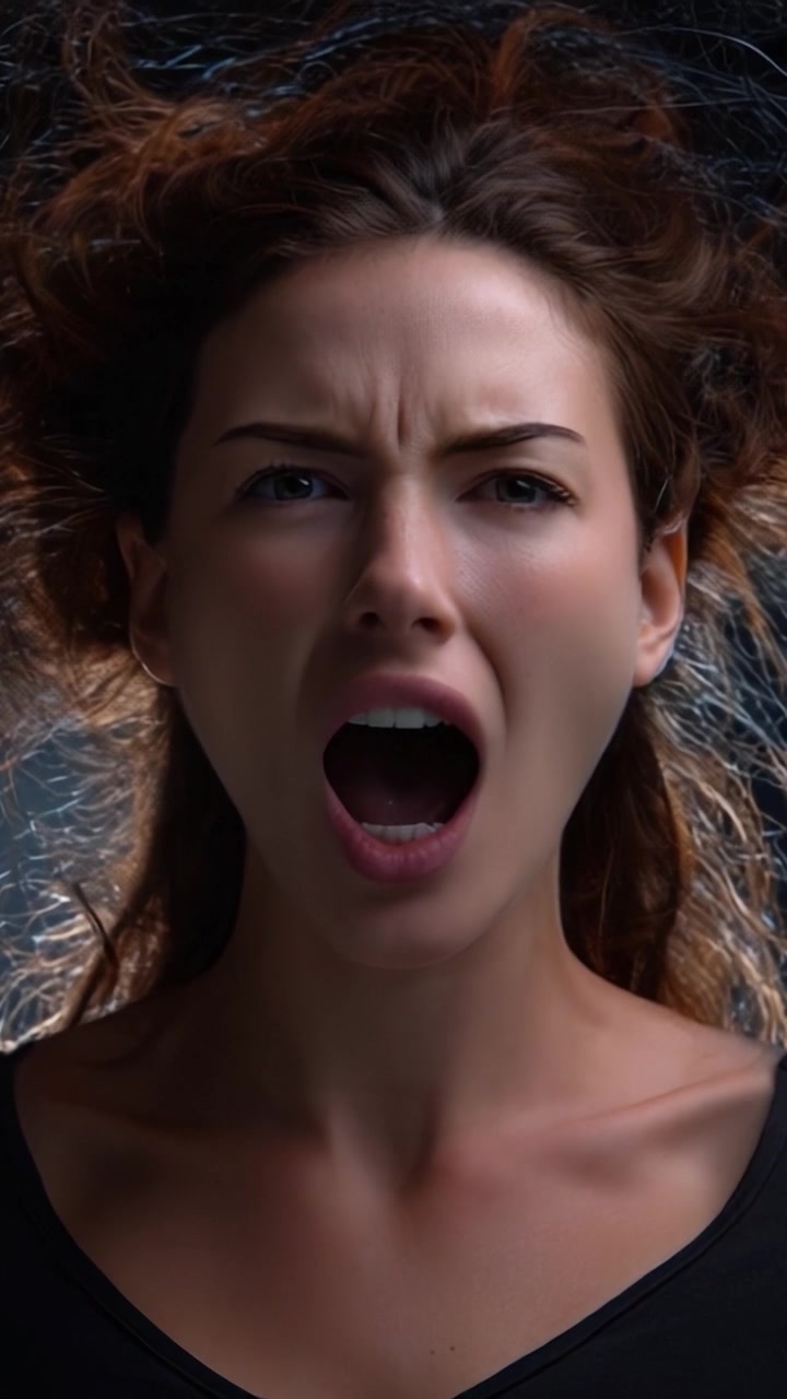 Intense Portrait of a Young Woman Expressing Raw Emotion Through a Powerful Scream Highlighted by Dramatic Lighting and Textured Hair in a Studio Setting