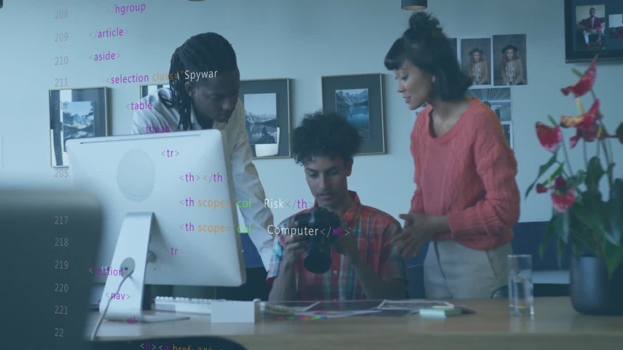 Animation of financial data processing over diverse business people in office