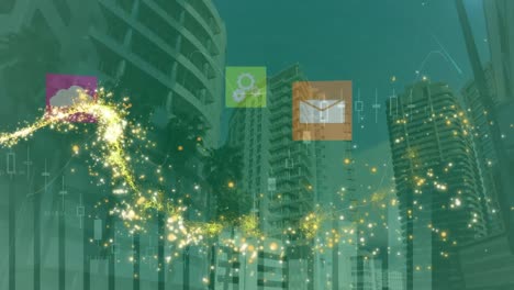 animation of light over digital icons and cityscape