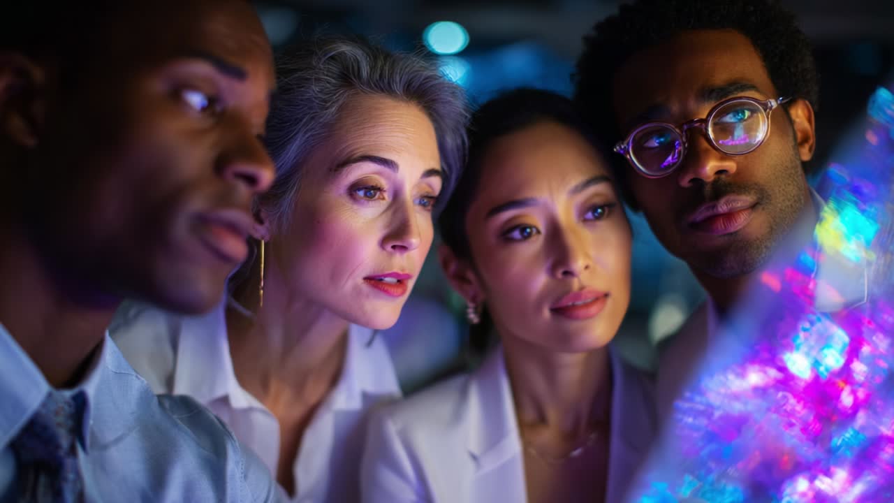 A group of diverse professionals intently analyzing colorful digital data projections, showcasing a moment of collaboration and creativity in a modern, high-tech environment as they gather insights together
