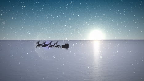 animation of snow falling over santa claus in sleigh with reindeer and winter landscape