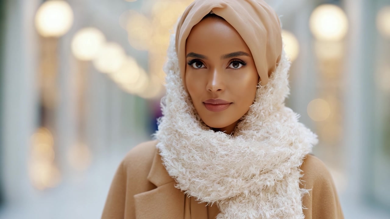 Momen Keanggunan yang Memikat: Seorang Wanita Berjilbab dan Berkerudung Nyaman, Memancarkan Kehangatan dan Kepercayaan Diri dalam Lingkungan yang Bercahaya Indah
