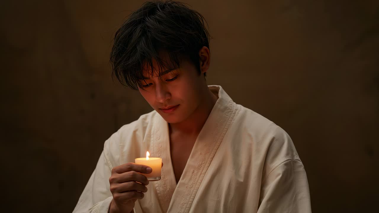 Uomo con candela in un portacandela di vetro, avvolto in una veste color crema, osserva la fiamma tremolante e alza lo sguardo in studio