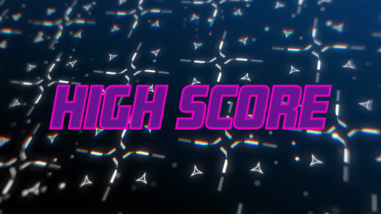 animación de texto de puntuación alta en púrpura sobre un patrón blanco en movimiento en fondo oscuro