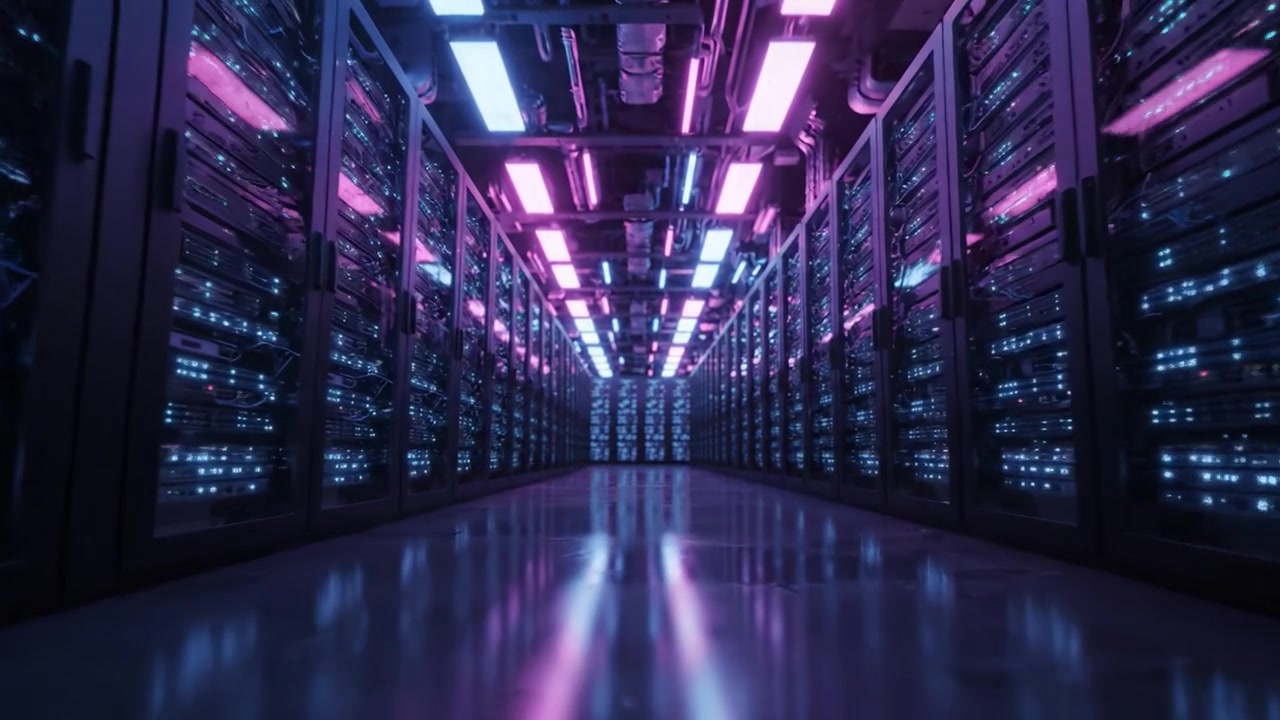 Oplyst datacentralkorridor med blinkende servere: Et indblik i et højteknologisk computermiljø med levende lys og refleksioner