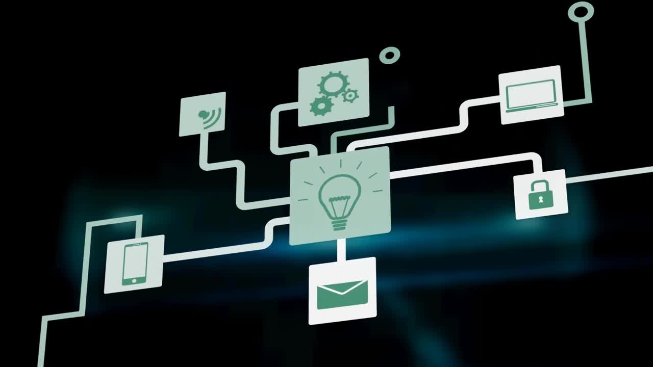 Animation of network of connections with icons over digital screens