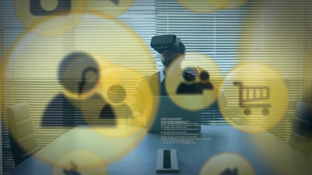 vr 헤드 ⁇ 을 착용한 남자와 함께 노란색 아이콘