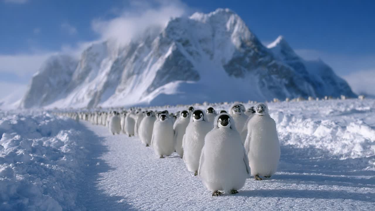 A Charming Parade of Emperor Penguins Marching Through the Snow-Covered Landscape with Majestic Mountains in the Background, Capturing Nature's Beauty and Resilience