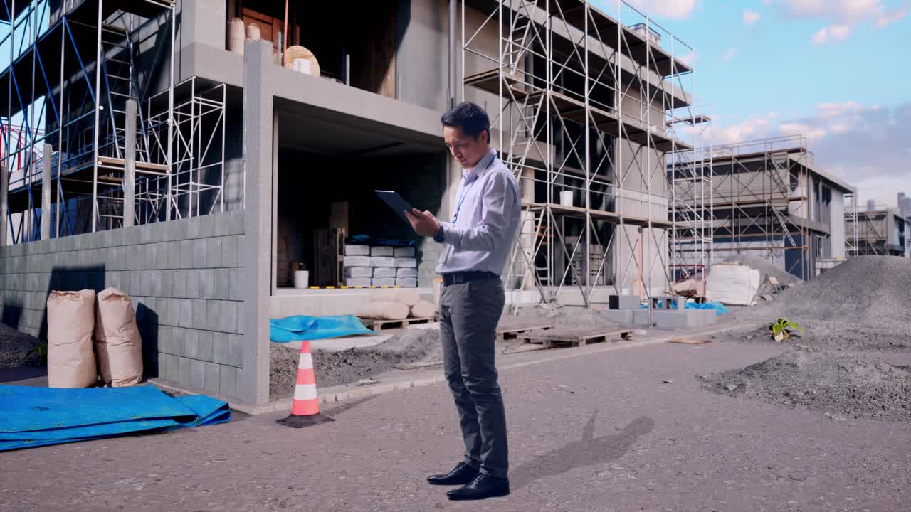 Full Body Side View Of An Asian Male Professional Worker Standing With His Tablet At Construction Site in Progress to New House, Working Continuously With His Tablet