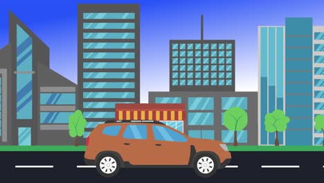 car driving rides around city side view, loop animation, flat design background