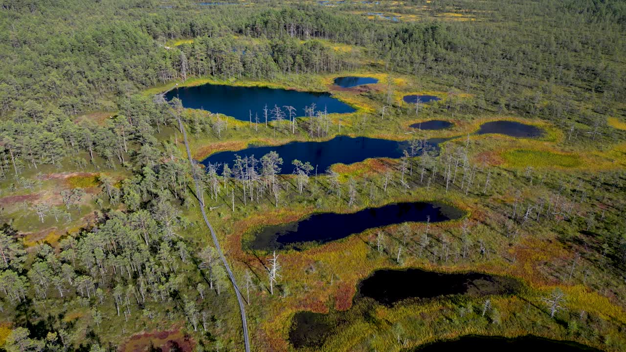 Flying drone tilt up reveal over dark blue lakes at national park