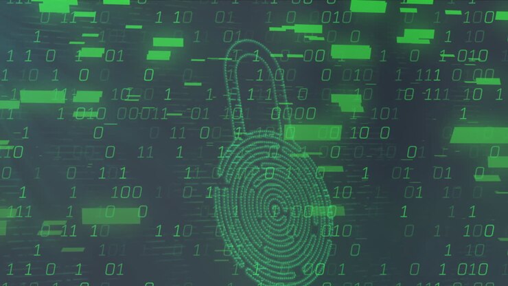 Animation of binary coding data processing over security padlock icon against grey background