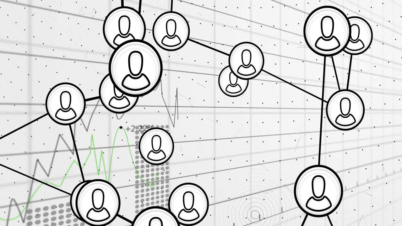 Large circular user avatar icon connecting multiple network nodes, overlaying green and gray charts