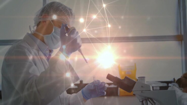 Tecnico che ispeziona un campione, afferra una pipetta e pipetta campioni in laboratorio mentre appare una sovrapposizione di rete