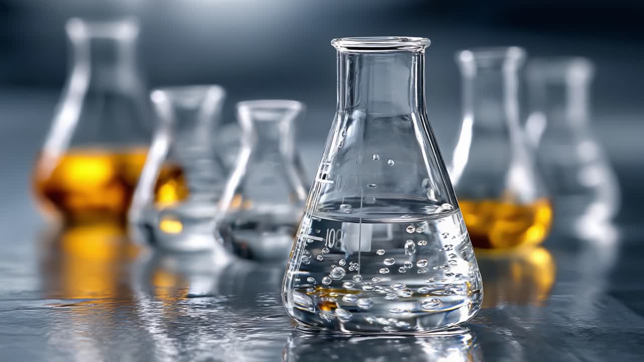 A Stunning Close-Up of Laboratory Glassware Featuring Distinctive Laboratory Flasks Filled with Colorful Liquids, Showcasing the Chemistry World's Intriguing Aesthetic and Functionality