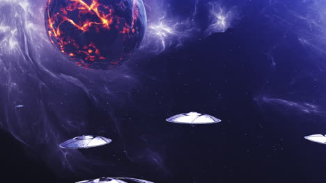 alien ufos near a volcanic planet in outer space