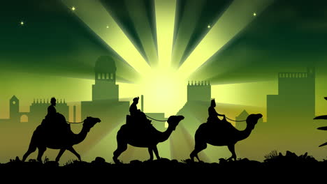 Animation-of-silhouette-of-three-wise-men-over-city-and-green-shooting-star-on-green-background