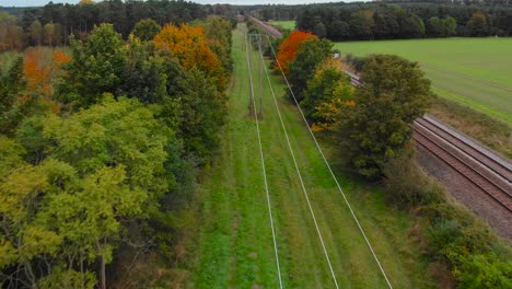 Antenne:-Wald-Von-Thetford-Mit-Gleis-Und-Stromleitung-Bei-Brandon,-England---Drohnenflugaufnahme