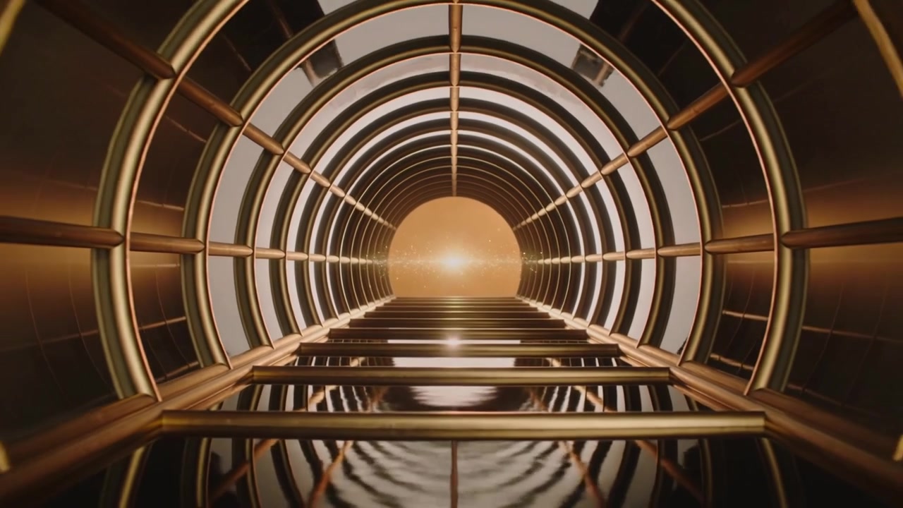 Moving camera starting forward through gold tunnel toward bright opening, showing rings and rungs