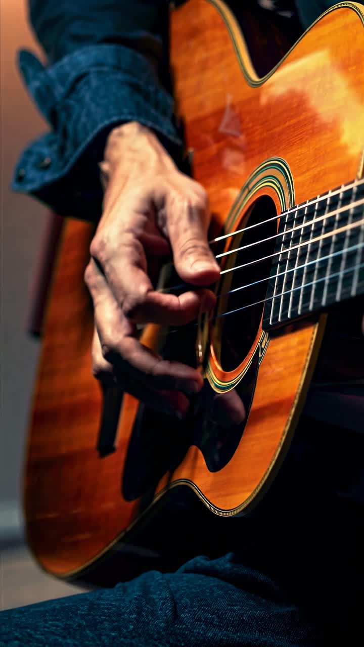 Un primo piano riprende una mano che strimpella una chitarra acustica, enfatizzando il movimento e il ritmo.
