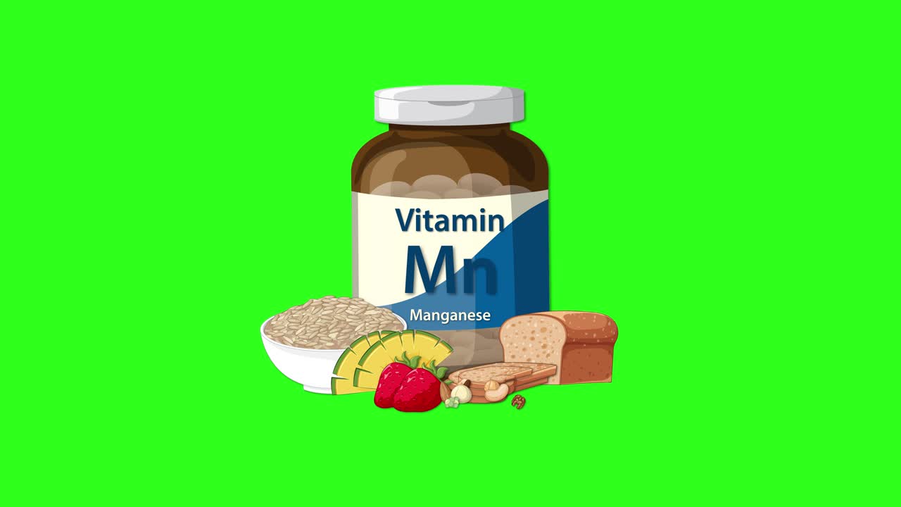 Vitamin manganese supplement bottle and whole foods appear together, static camera, bright green background