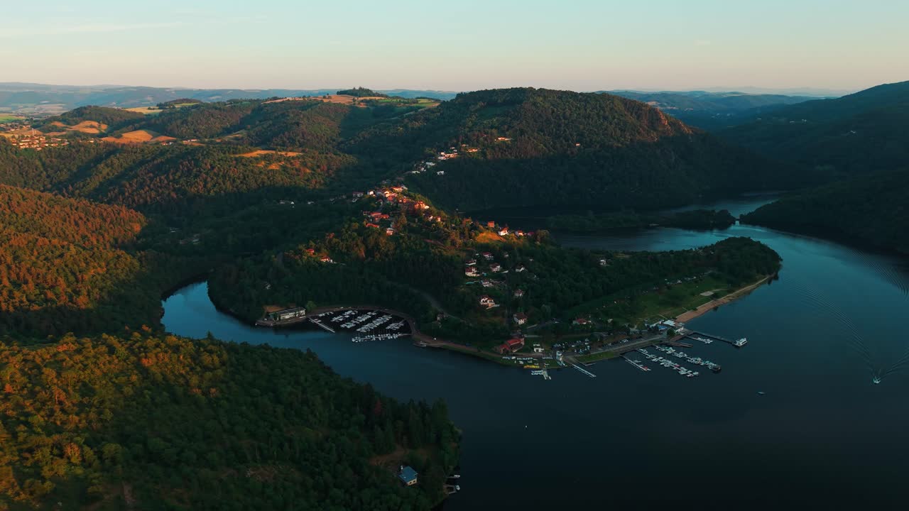 aerial shot around Saint Victor Sur Loire in the Gorges de la Loire near Saint Etienne at sunset, Loire departement, Auvergne Rhone Alpes region, France