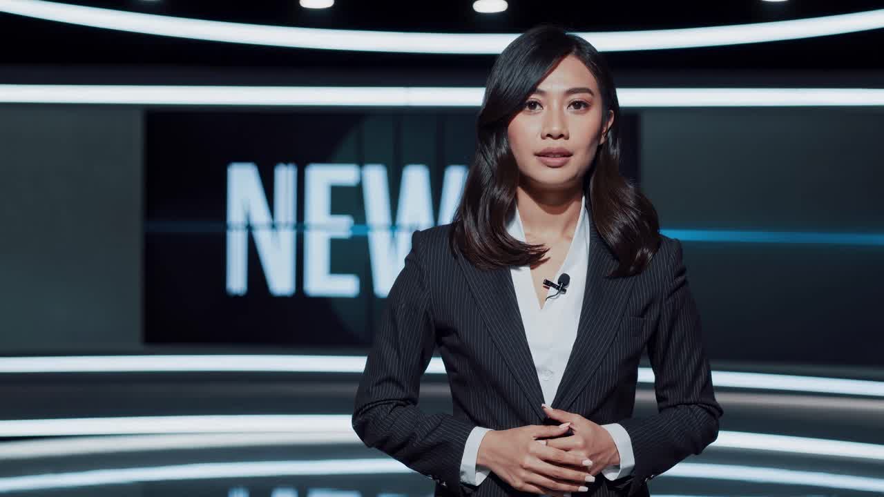 A news anchor in a modern studio, captured from a frontal angle, delivers a broadcast