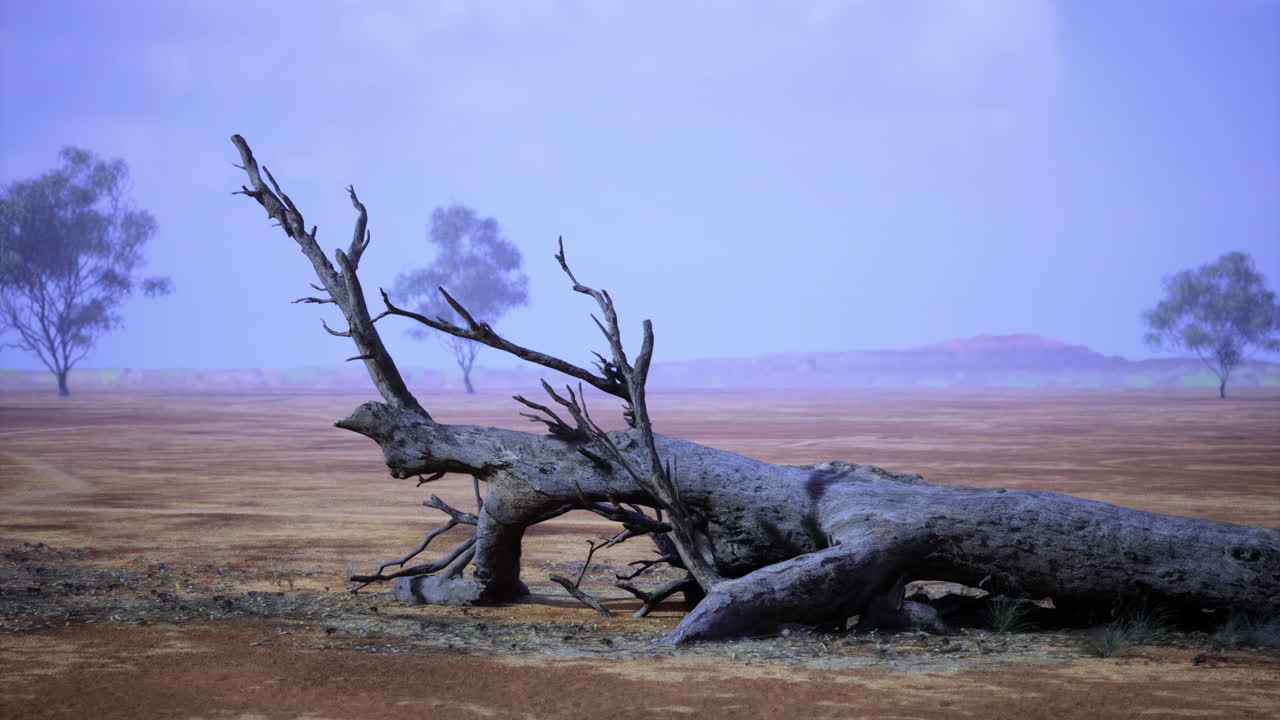 un vasto paisaje seco muestra un árbol caído con ramas retorcidas