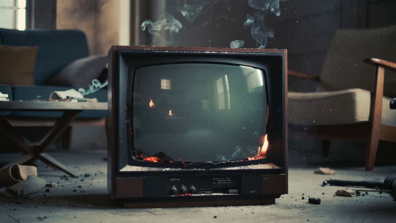 Televisore vintage CRT fumante che emette fumo denso in un soggiorno, braci che si accendono all'interno dell'apparecchio