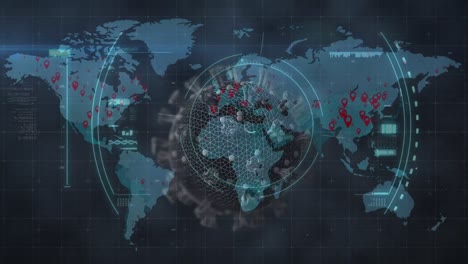 Animation-of-scope-scanning-and-finding-a-macro-Covid-19-cell-over-a-world-map