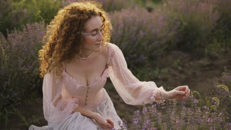 a woman with curly hair observes the beauty of a lavender field in bloom, slowmo