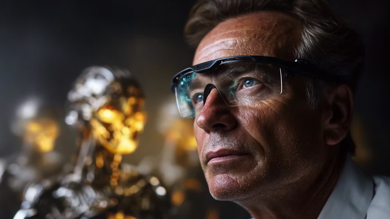 A Pioneering Scientist Examines Innovative Technology with Intense Focus, Showcasing the Evolution of Robotics and Artificial Intelligence Through Futuristic Visions and Advanced Optical Innovations