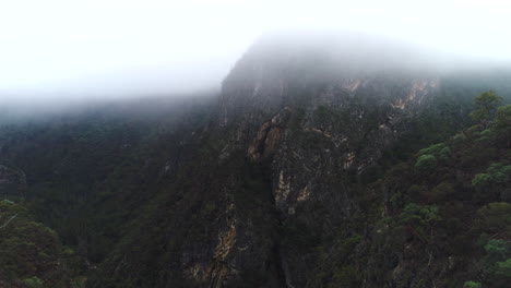 Drone-Aéreo-Volando-Hacia-Atrás-Y-Cerca-De-La-Línea-De-árboles-Del-Cañón,-Revelando-Enormes-Montañas-Rocosas-Y-Una-Espesa-Tierra-De-Arbustos-Australianos-En-Una-Brumosa-Mañana-De-Invierno-En-El-Parque-Nacional-Bungonia-Nsw-Australia